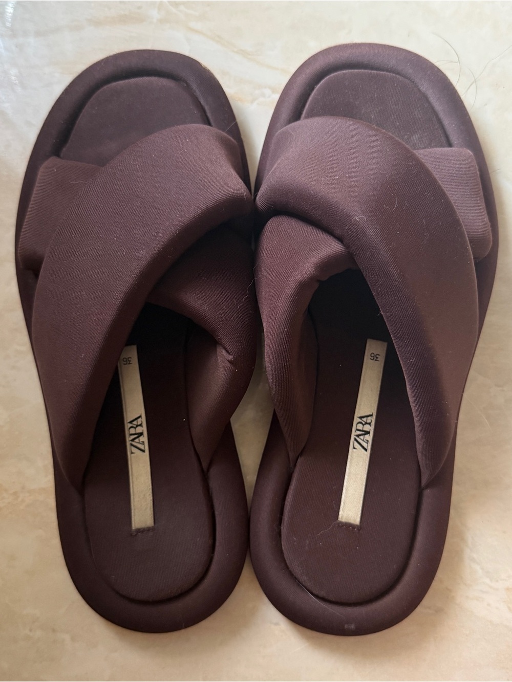 ZARA Padded Crisscross Slide Sandals in Dark Brown